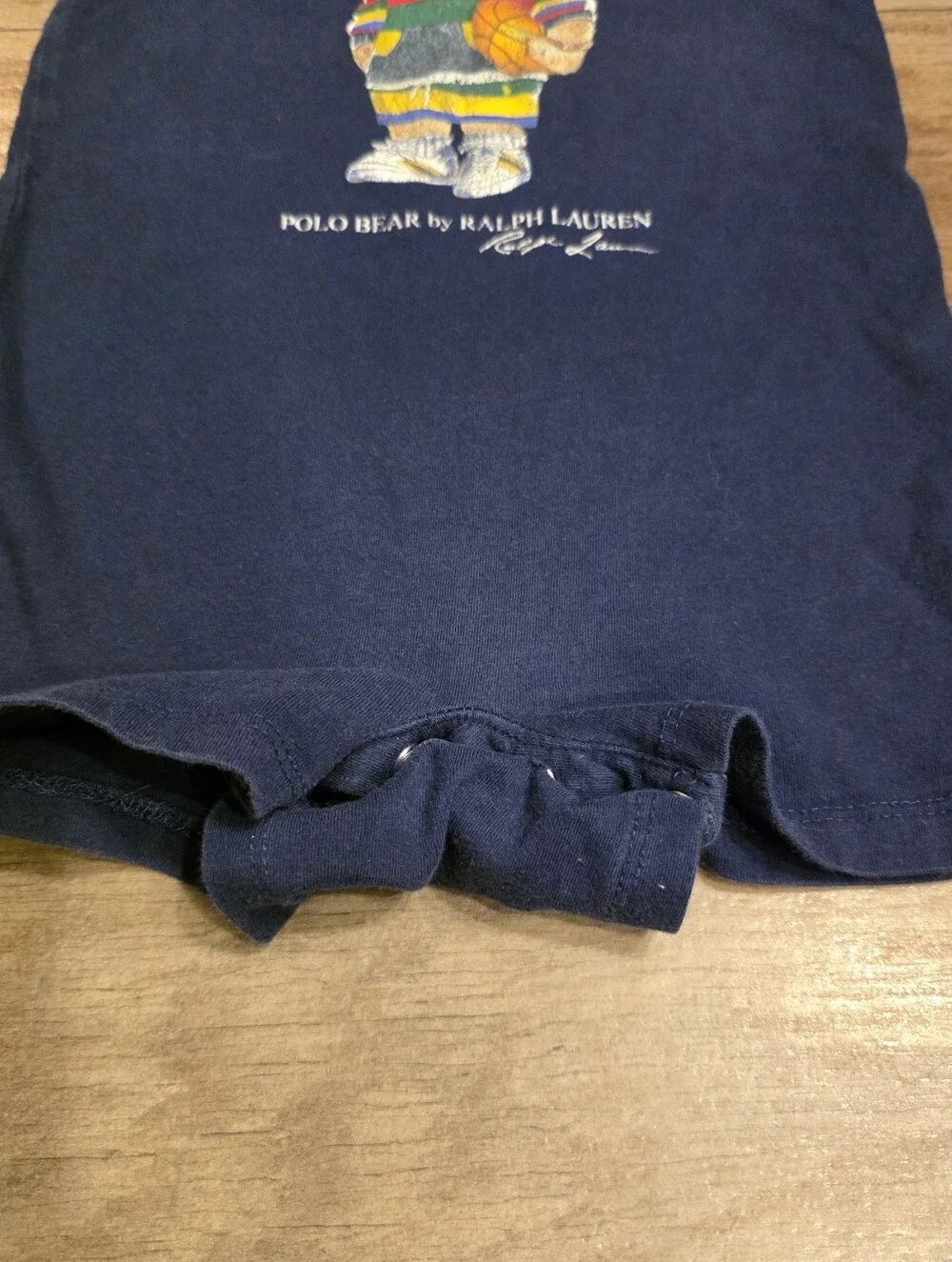 Baby Ralph Lauren Navy Blue Romper with Polo Bear and Red, Yellow, Green Trim